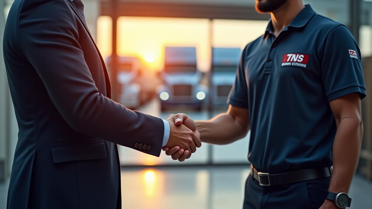 Professional logistics manager and owner-operator finalizing a long-term contract at TNS Trucking facility