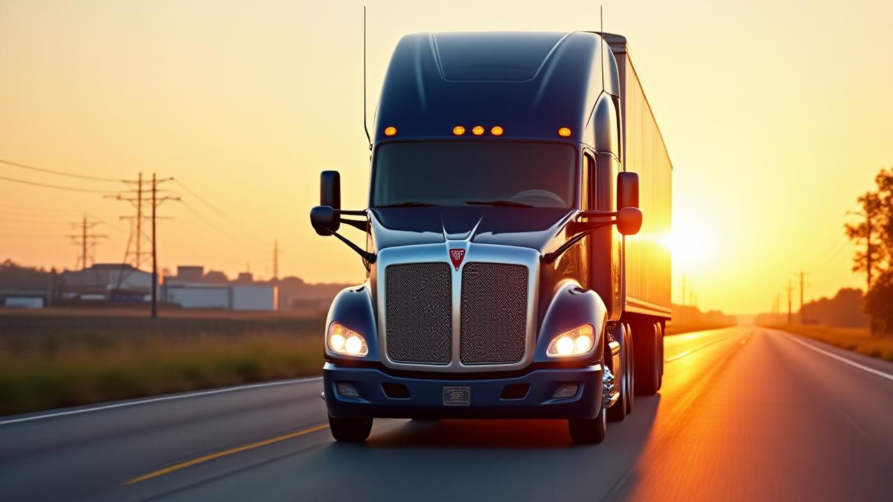 Modern TNS heavy-duty freight truck on a highway at sunrise, representing reliable FTL shipping