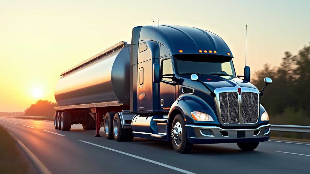 A modern heavy-duty truck with clearly visible hazardous material placards operating with precision on a secure highway.
