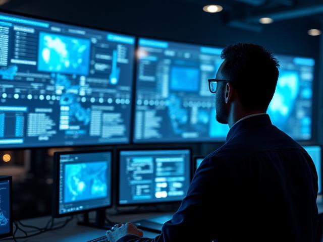 Logistics dispatcher monitoring live freight tracking software on multiple screens in a modern control room.