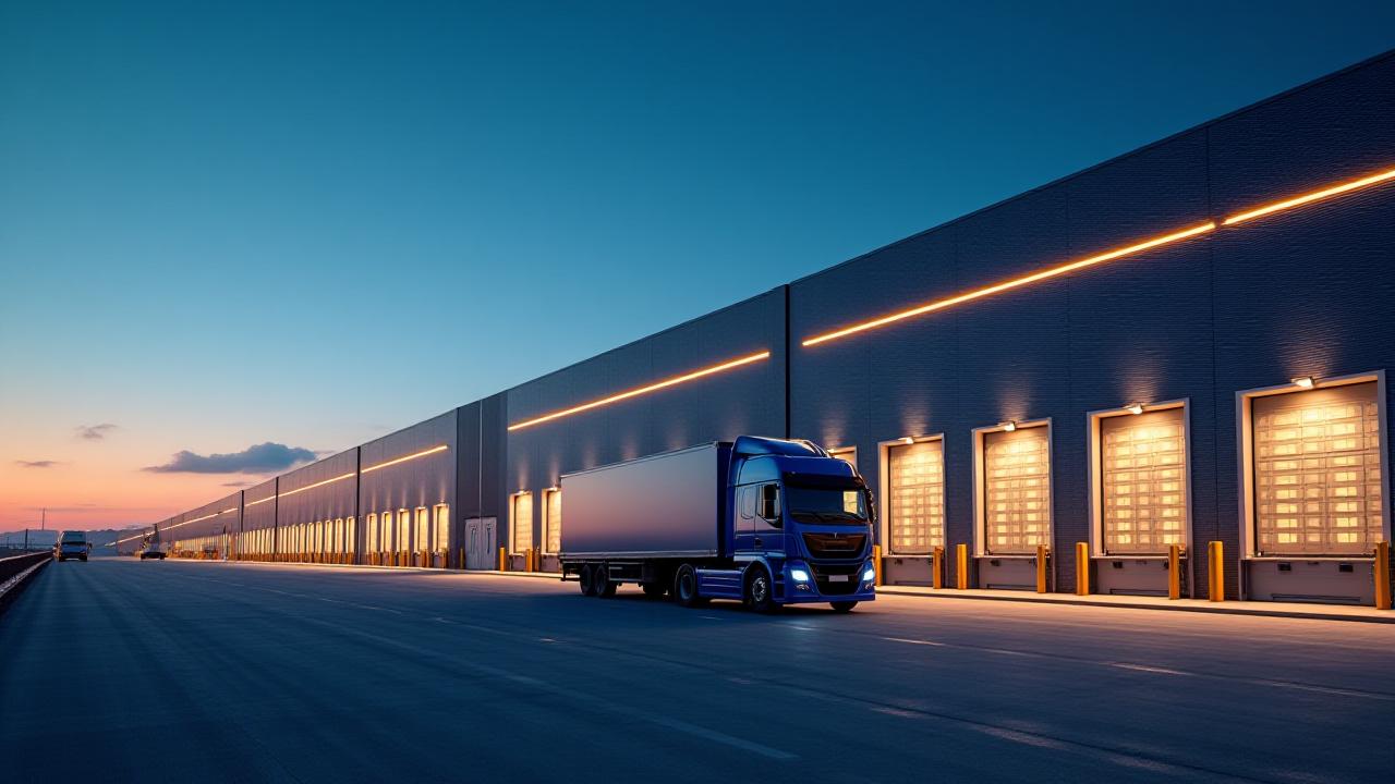 Illustration of efficient freight consolidation showing multiple pallet loads entering a TNS logistics hub