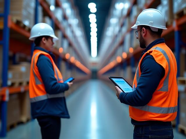 TNS logistics professionals coordinating shipments in a high-tech warehouse facility